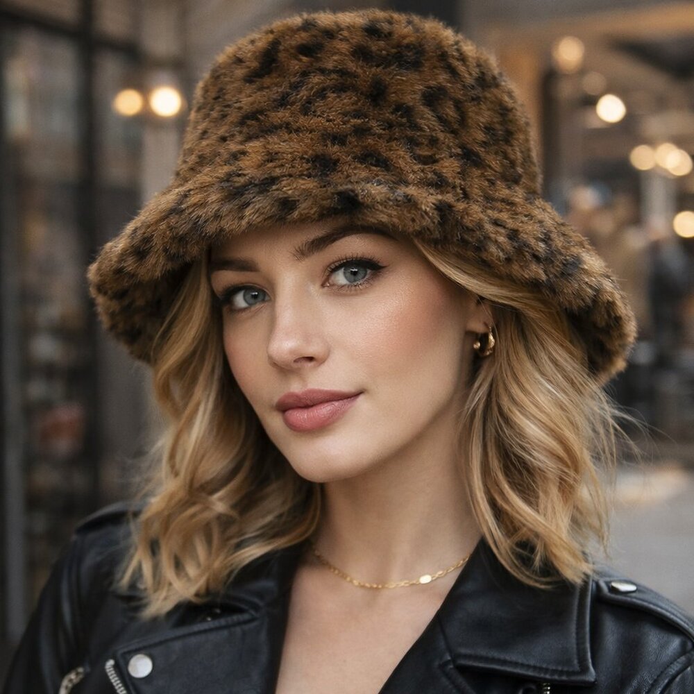 BP. Faux Fur Leopard Print Bucket Hat Brown Black Plush One Size Nordstrom NWT